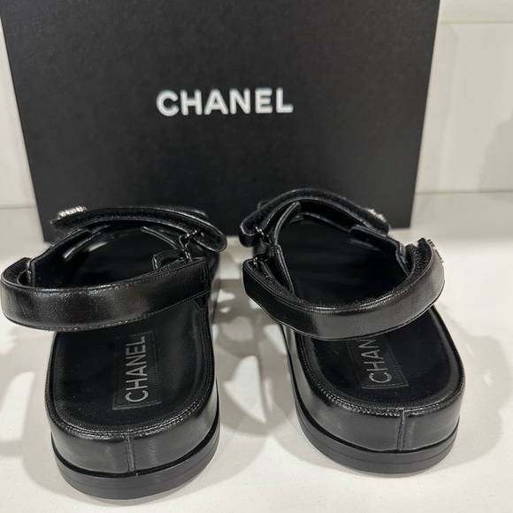 NEW Chanel Black Leather Slingback Dad Sandals with Silver Crystal Accents 37.5 - Picture 6 of 10